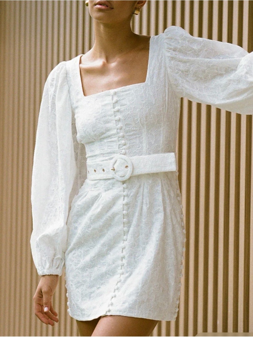Sabo Skirt Square-Neck White Button Mini Dress with Belted Waist